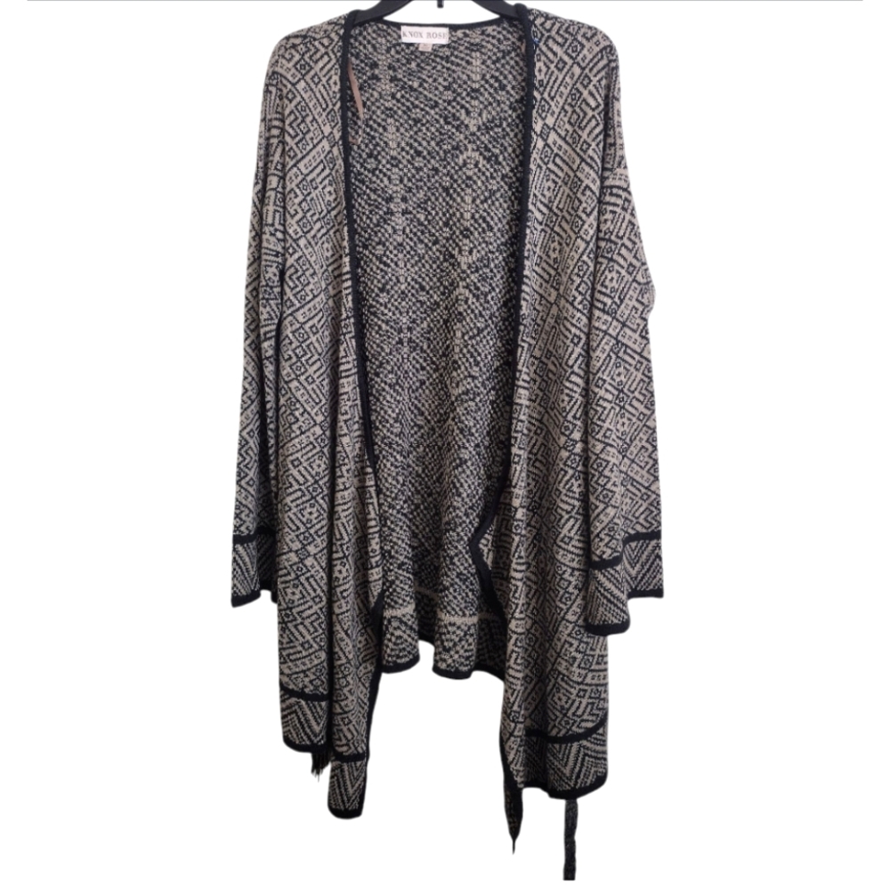 Knox Rose Black Cream Geometric Print Long Wrap Cardigan With Tie Size XL